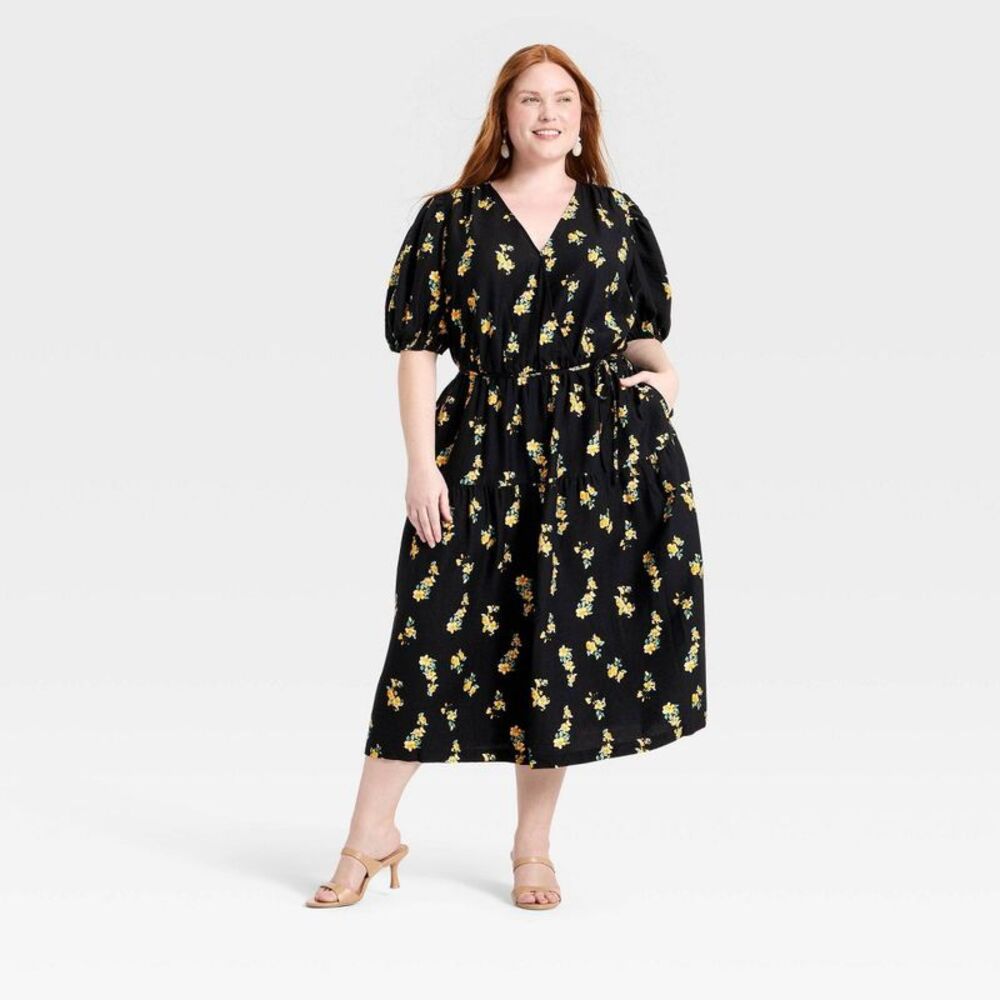 A New Day - Women's Short Sleeve Wrap Tie Tier Midi Empire Wai Black